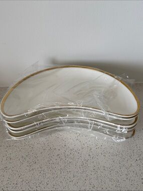 Wedgwood Group Tuscan Bone China Set: White Crescent Side Dishes with Gold Rim